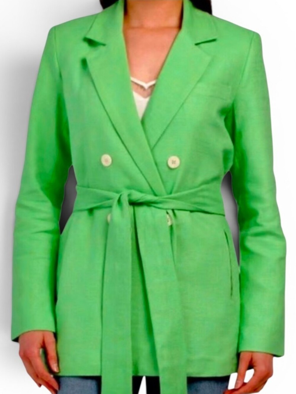 HOUSE OF HARLOW 1960 X REVOLVE Green Double Breasted Linen Belted Jacket - Large